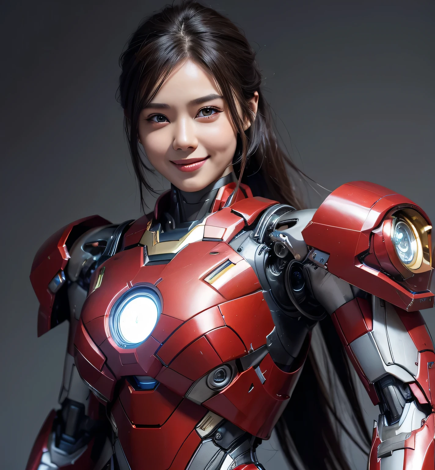 Textured skin, Super Detail, high details, High quality, Best Quality, hight resolution, 1080p, hard disk, Beautiful,(Iron Girl),Beautiful Smile,beautiful cyborg woman,Mecha Cyborg Girl,Battle Mode,Girl with a Mecha Body,She wears an Iron Man mech,powerful cyborg woman,
