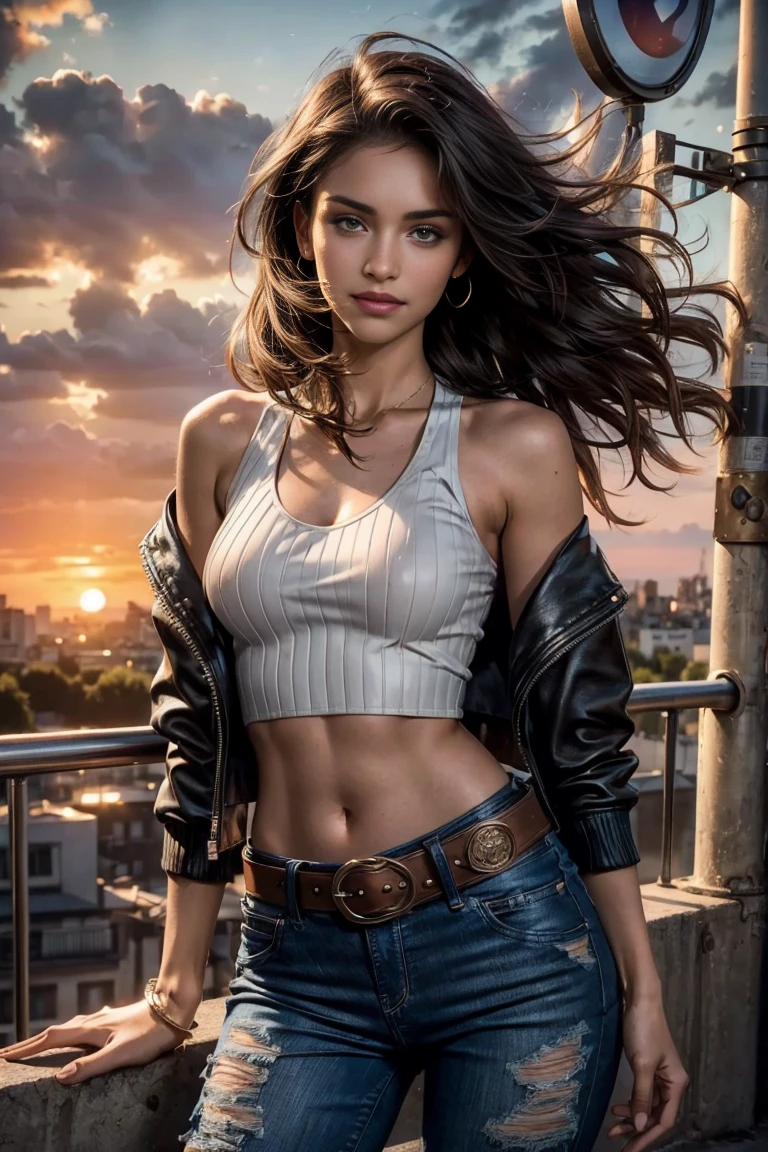 Foreground: a gorgeous young girl n wavy hair in the wind. she's a men magazine model, She has a subtle smile and flirts with the camera, (she wears crop denim moto jacket, casual ribbed white tanktop and leather cargopants with big belt:1.2), background posing in Paris, red light district Paris, green trees, beautiful flowers, ((sunset:1.3)), (perfect brown eyes:1.21), perfect hands, perfect body, perfect hair, perfect breast, hair behind ear, happy attitude, UHD, retina, masterpiece, accurate, anatomically correct, textured skin, super detail, high details, high quality, award winning, best quality, highres, 16k, 8k,