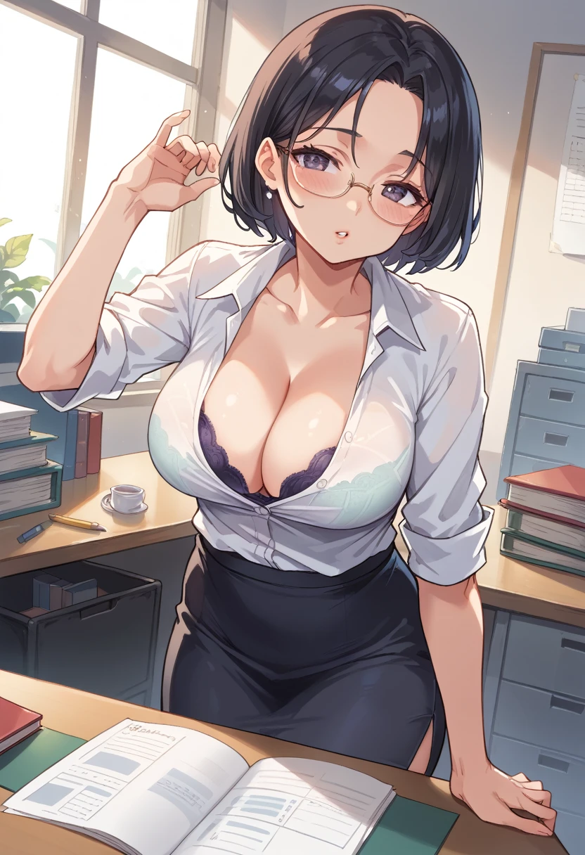 (mature woman), blush, very horny, skin fair, Open button shirt, (cleavage showing the bra), Long pencil skirt, wearing glasses, short black hair, beautiful  face, 가슴, sensuous, highest quallity,standing pose, (fund: in front of the office desk)