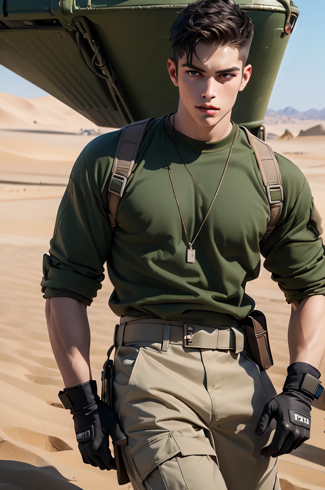 ((masterpiece)), ((best quality:1.2)), High Resolution, 8k, (ultra_realistic:1.3), (photorealistic:1.4), sharp focus, yaoi, 1boy, (perfect face), Indonesian soldier, caucasian, white man, handsome sexysoldier, camouflage pants, tank top, dog tags, gloves, boots, ammunition belt, desert environment