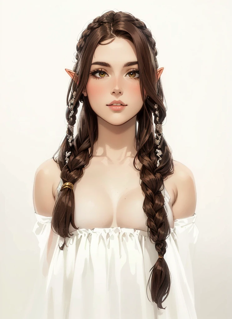 arafed woman with long hair and braids in a white dress, elf long weaving brown hair, pigtails hairstyle, long braided hair on top of head, long flowing braided hair, elegant fantasy style braids, long dark braided hair, braided brown hair, pigtails hair, twintails hairstyle, long pigtail, woman with braided brown hair, complex braided hair