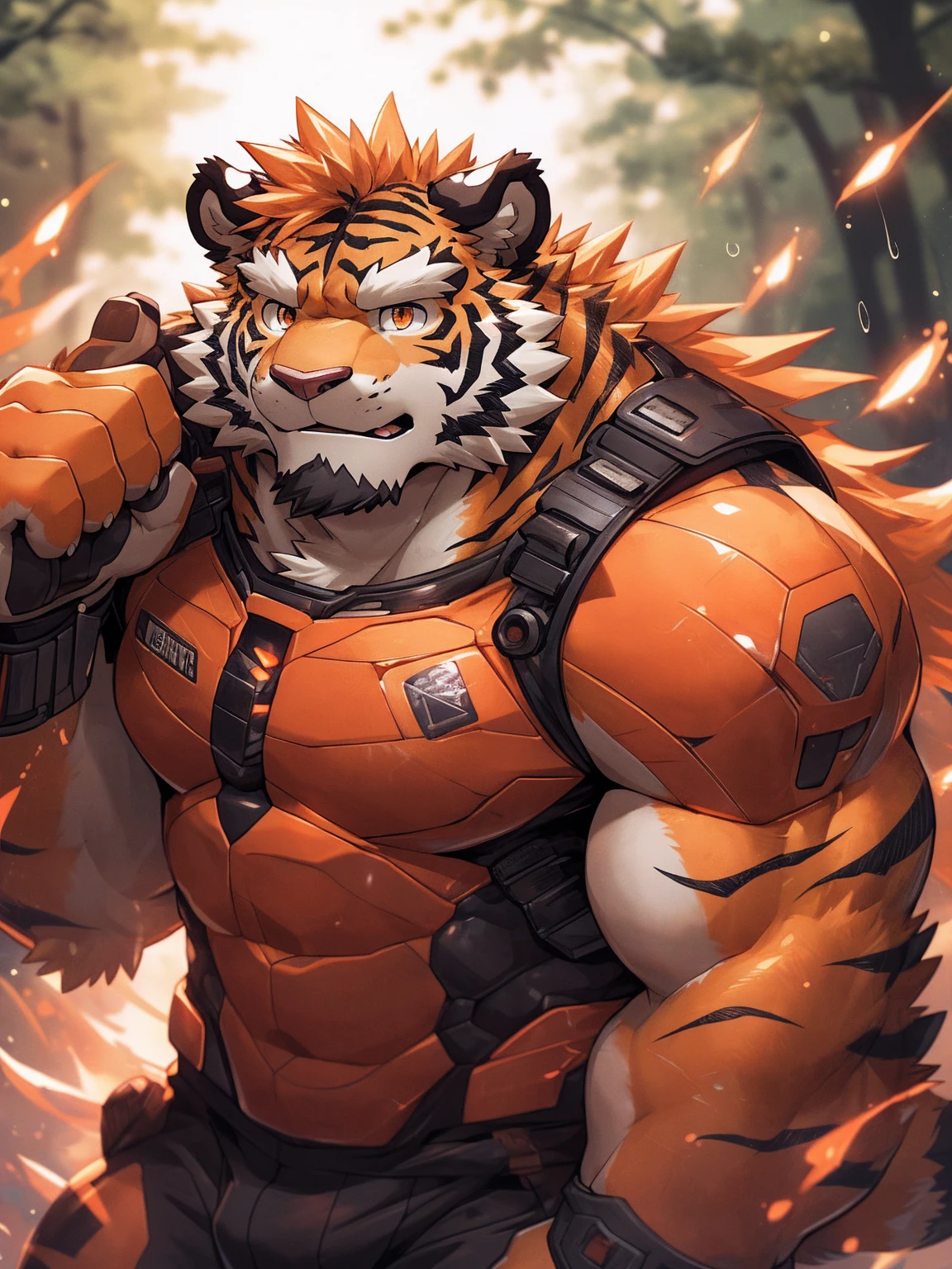 human nature, Wildlife, male,36 years old,Uncle, solitary, ((Round Face, The face is plump,Orange eyes,Thick orange hair,With scars)), ((Endomorph, Handsome,Hot Blood)), (Mecha suit,No electricity,exhaustion), ((domestic tiger, tiger,) Fluffy fur, Fluffy), Bokeh, (high quality, high resolution, masterpiece), (Dynamic Lighting, Vibrant colors), (Revitalize,harm,Disdain), Full body picture (close up), cartoon, author:Takemoto Arashi, From zixiong, By Chunni, author:Empty Ghost,(background:Rainy forest)