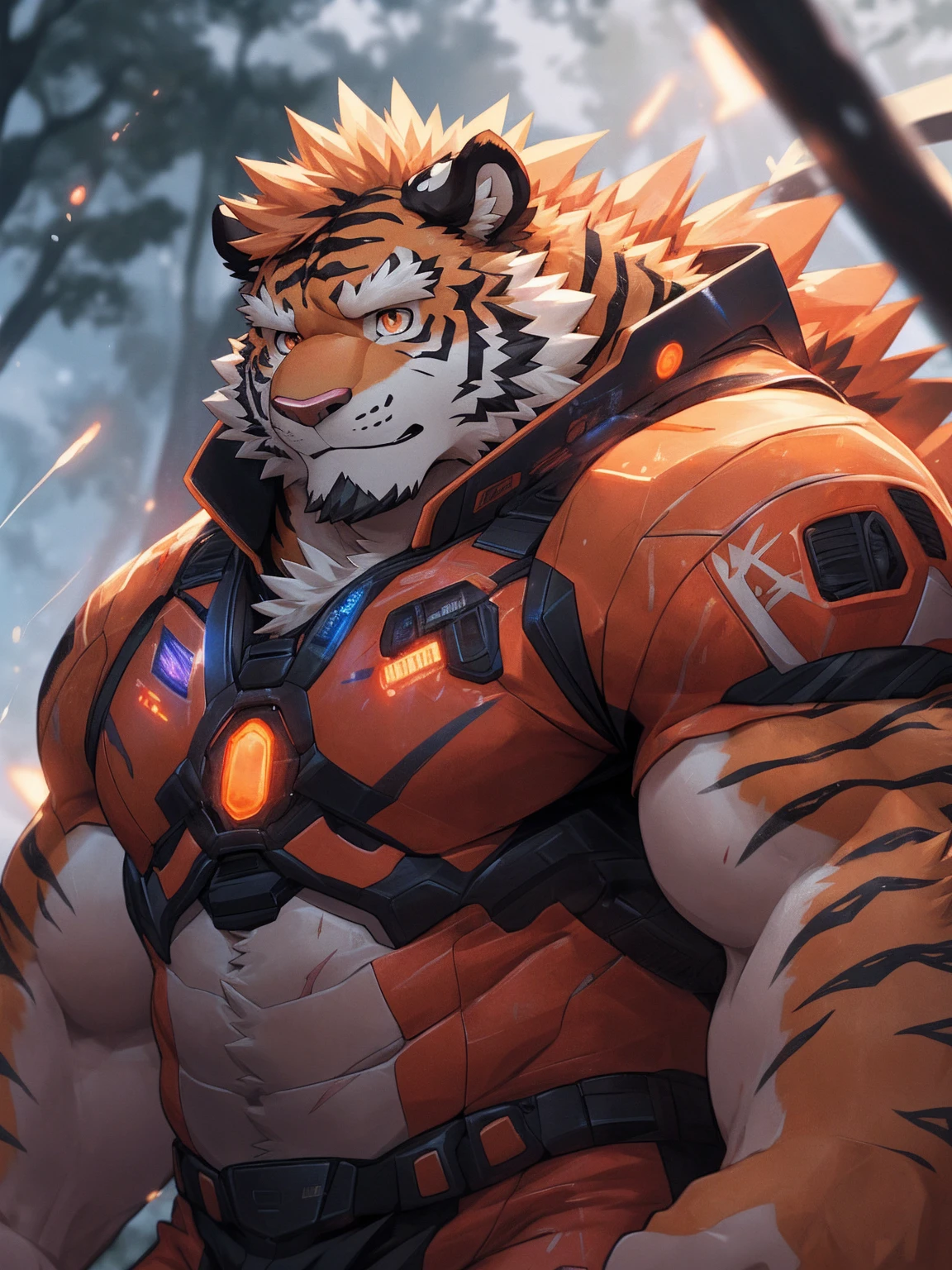 human nature, Wildlife, male,36 years old,Uncle, solitary, ((Round Face, The face is plump,Orange eyes,Thick orange hair,With scars)), ((Endomorph, Handsome,Hot Blood)), (Mecha suit,No electricity,exhaustion), ((domestic tiger, tiger,) Fluffy fur, Fluffy), Bokeh, (high quality, high resolution, masterpiece), (Dynamic Lighting, Vibrant colors), (Revitalize,harm,Disdain), Full body picture (close up), cartoon, author:Takemoto Arashi, From zixiong, By Chunni, author:Empty Ghost,(background:Rainy forest)