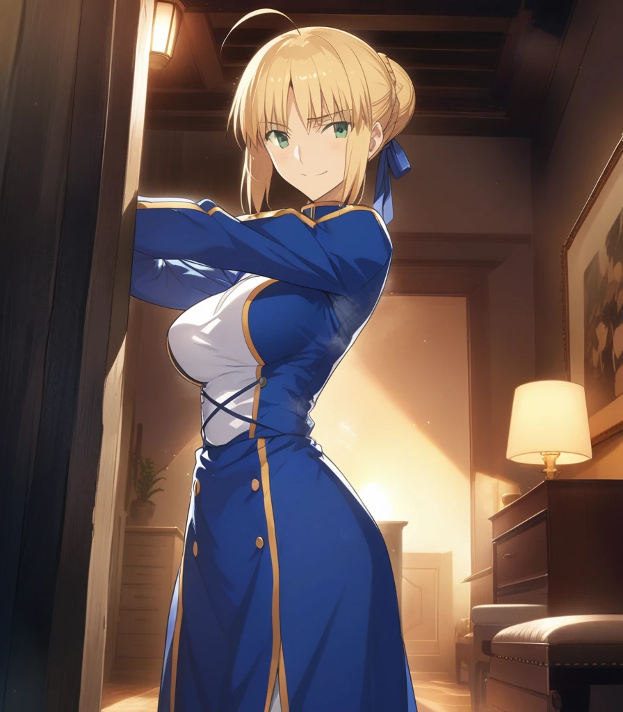 best quality, amazing quality, very aesthetic, 1girl, saber, fate/stay night, 1girl, saber, fate/stay night, , (artist official art:1.5), french braid bun hair, ahoge_hair, green eyes, steaming body, large breasts, jitome, cinematic light, official_blue_long_sleeve_royal_dress, stand_up_straight, arms_behind, on the bedroom, happy, smile, blush, night, looking_at_viewer, oily_skin, cool