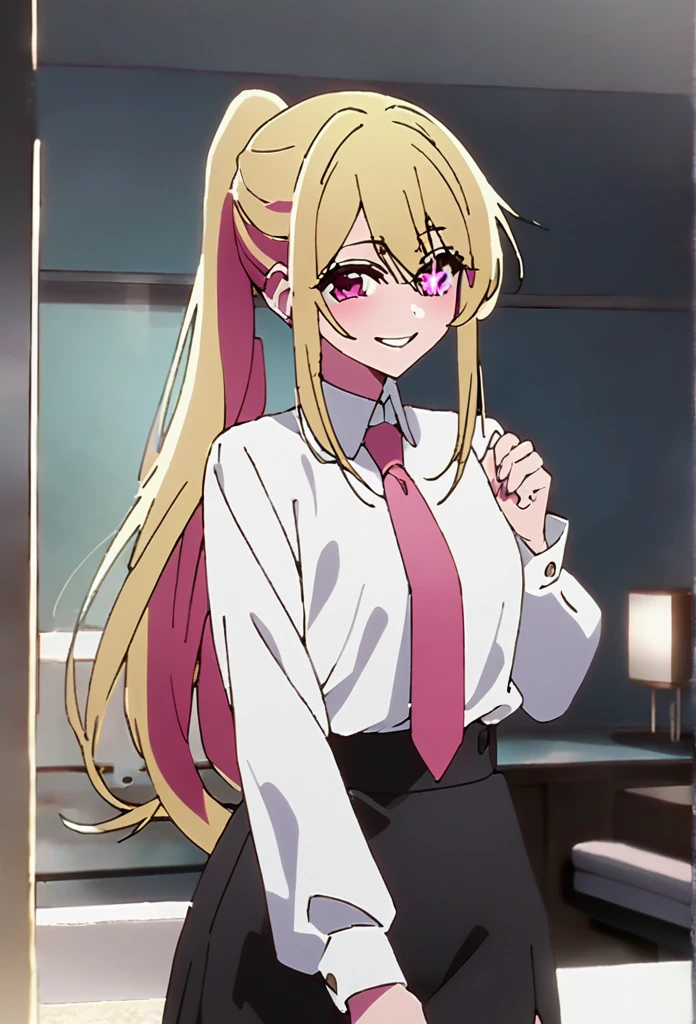 Blonde、Highest quality、high resolution、8K,Highest quality、Star-shaped pupil、The best smile、long hair、Pink Eyes、ponytail、Cowboy Shot、One person、トーガスタイルのドレス