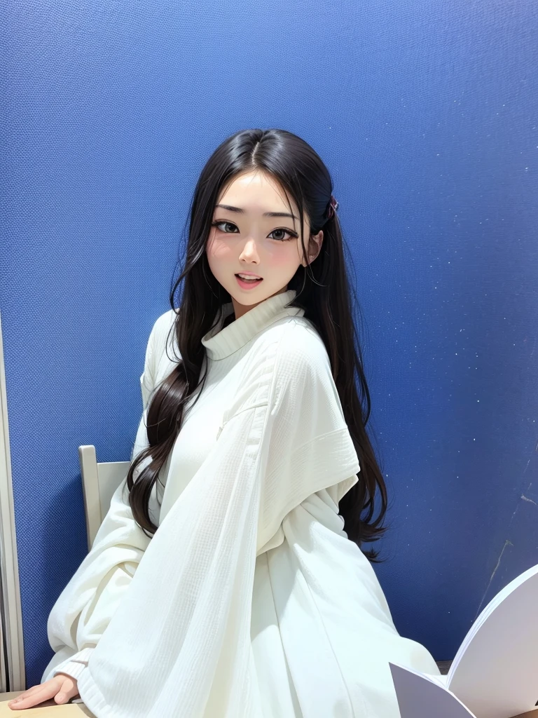 "A Korean-Japanese girl with shoulder-length black hair, adorned with pink locks. Your nose is well designed, and your look is dead, conveying a deep melancholy. She never smiles, maintaining a serious and impenetrable face."