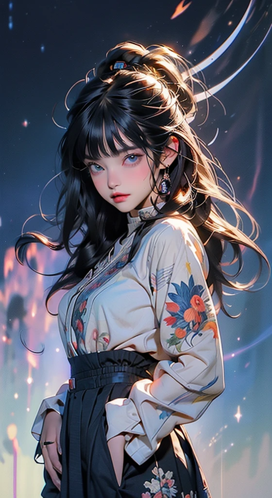 (best quality:1.3), (masterpiece:1.3), (illustration:1.3), (Extremely detailed:1.3), firefly \(Collapse: Star Trails\), 1 Girl, Solitary, Long hair, blue eyes, Bangs, skirt, Long sleeve, Hair accessories, Gray hair, Black hair band, Medium breasts, Hair between the eyes