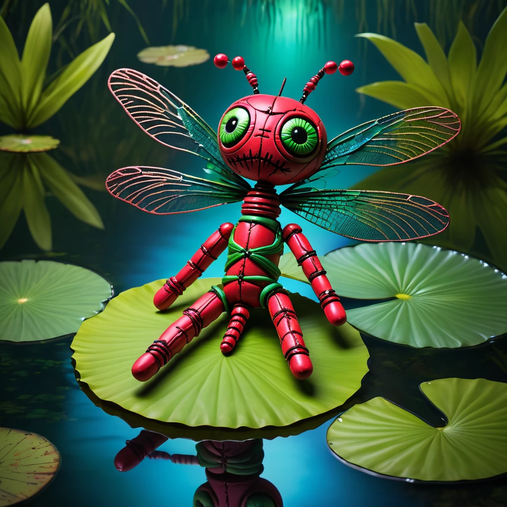 (knitted toy voodoo doll:1.5), (Voodoo Doll on a Dragonfly Lake:1.3), (Clothing: nature-themed attire with dragonfly patterns:1.0), (Accessories: enchanted dragonfly emitting iridescent light, floating lily pads:1.1), (background: serene lake with crystal-clear water, lush greenery, and a tranquil atmosphere:1.2), best quality, masterpiece, detailed soft oil painting, detailed background, dramatic cinematic lighting, soft edge lighting, professional, dramatic lighting, hard edge lighting, ultra quality, 4k, masterpiece, best quality, 8k, ultra high definition, high resolution, extremely detailed