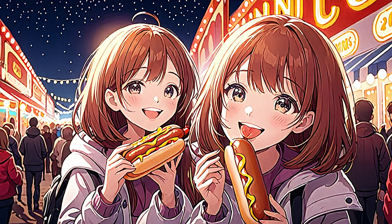 cute girl, 18 years, eating a big frankfurter, smiling, at night festival