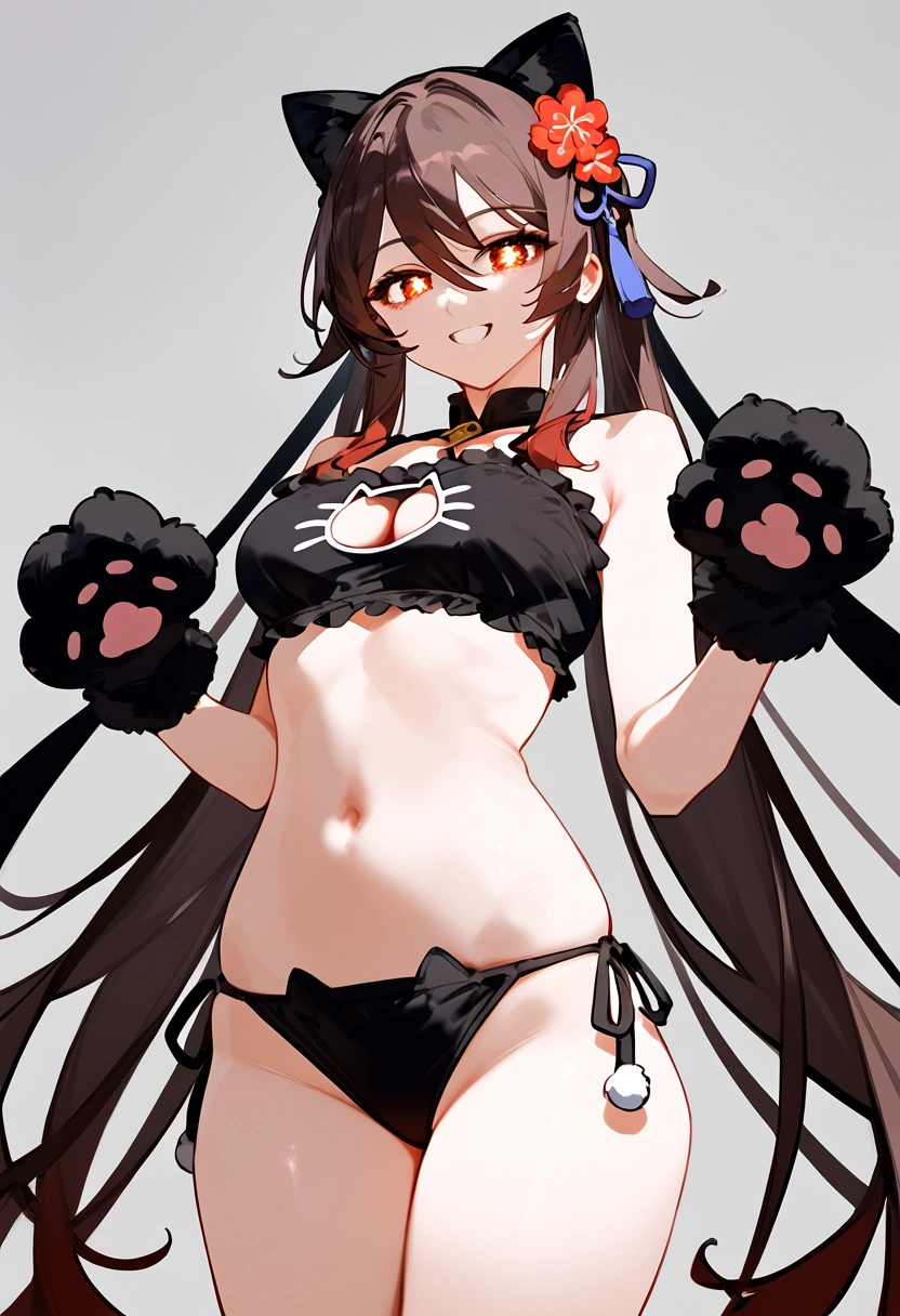 anime artwork, score_9, score_8_up, score_7_up, score_6_up, score_5_up, score_4_up, hu tao, she is 24 years old, style_3, gray background, , , , , _, fake cat ears,, smile, solo, cat lingerie, paw gloves