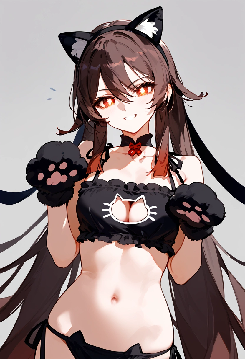 anime artwork, score_9, score_8_up, score_7_up, score_6_up, score_5_up, score_4_up, hu tao, she is 24 years old, style_3, gray background, , , , , _, fake cat ears,, smile, solo, cat lingerie, paw gloves