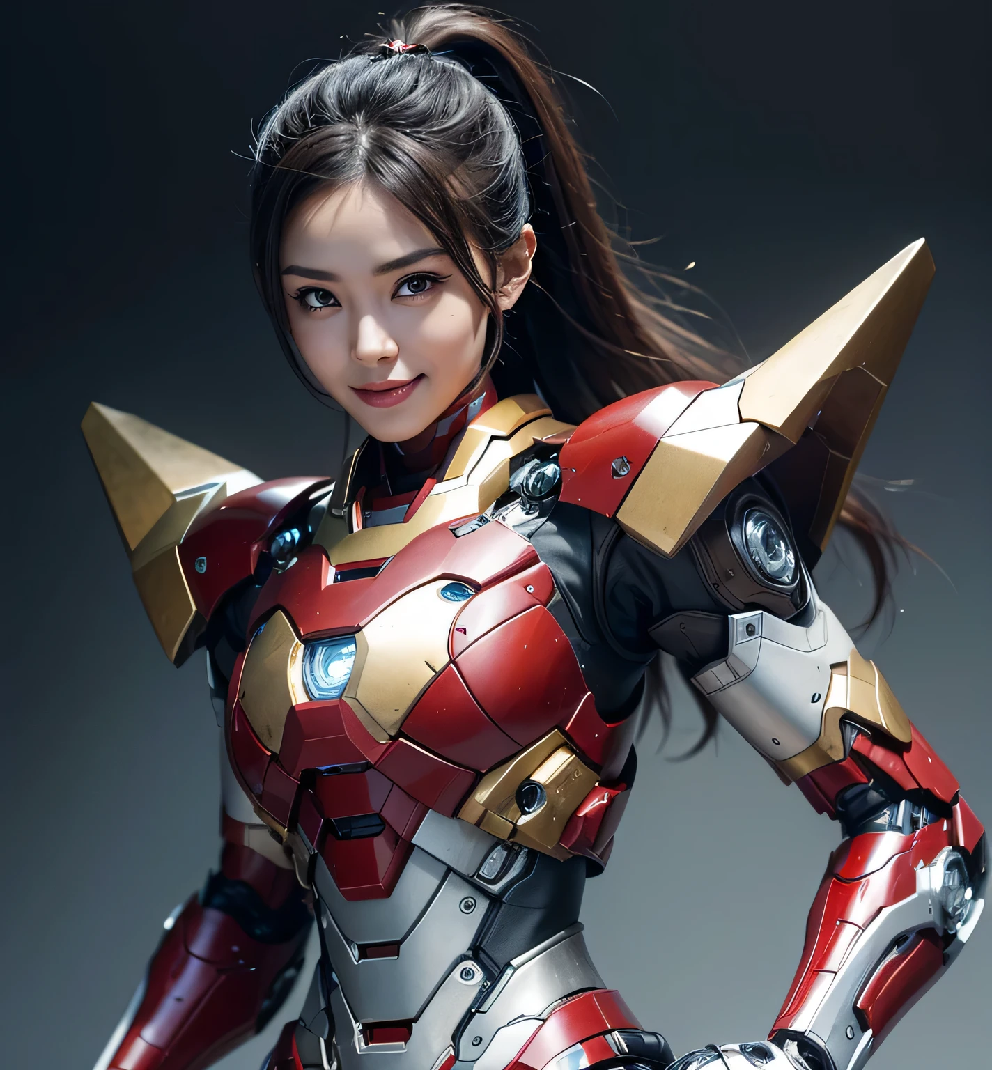 Textured skin, Super Detail, high details, High quality, Best Quality, hight resolution, 1080p, hard disk, Beautiful,(Iron Girl),Beautiful Smile,beautiful cyborg woman,Mecha Cyborg Girl,Battle Mode,Girl with a Mecha Body,She wears an Iron Man mech,A powerful cyborg woman, sleek and futuristic, with advanced mechanical augmentations that enhance her strength and capabilities