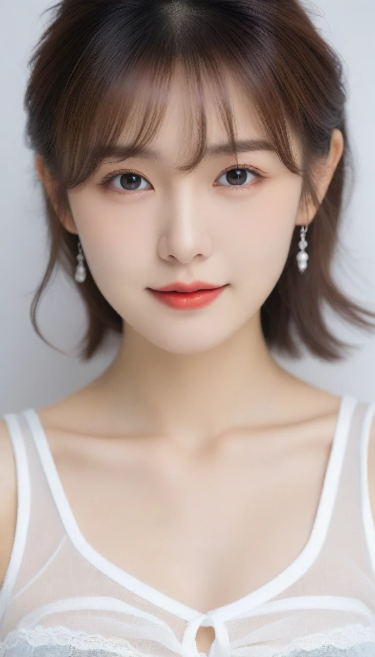 8K, Ultra-high resolution, Highest quality, masterpiece, Rule of thirds photography,Surreal, photograph, 1 person, (16 3), pretty girl, Cute face, Beautiful eyes in every detail, 細かくdetailedに,masterpiece,, One Girl:1.2, 日本のwomanアナウンサー,Highest quality, 非常にdetailed, masterpiece, 1 person,woman,(((完璧なwomanの体))),Very beautiful face, Very beautiful body,Gentle expression, Very beautiful eyes,(Perfect Makeup:1.1),Fashion Model,Curly Hair,Shaggy Hair,Candy colored hair:1.3, Very thin body,Smart Abs, Chiffon blouse,A kind smile,Upper body portrait,(White Background), (Shiny skin),(Earrings),,Looking at the audience、beauty,Long neck、Laugh a little、Please close your mouth and laugh、(((Ideal body type))),A cup small breasts :2,whole body、Perfect Anatomy、鮮明なdetailed、detailed、Surreal、Light and shadow,Strong light