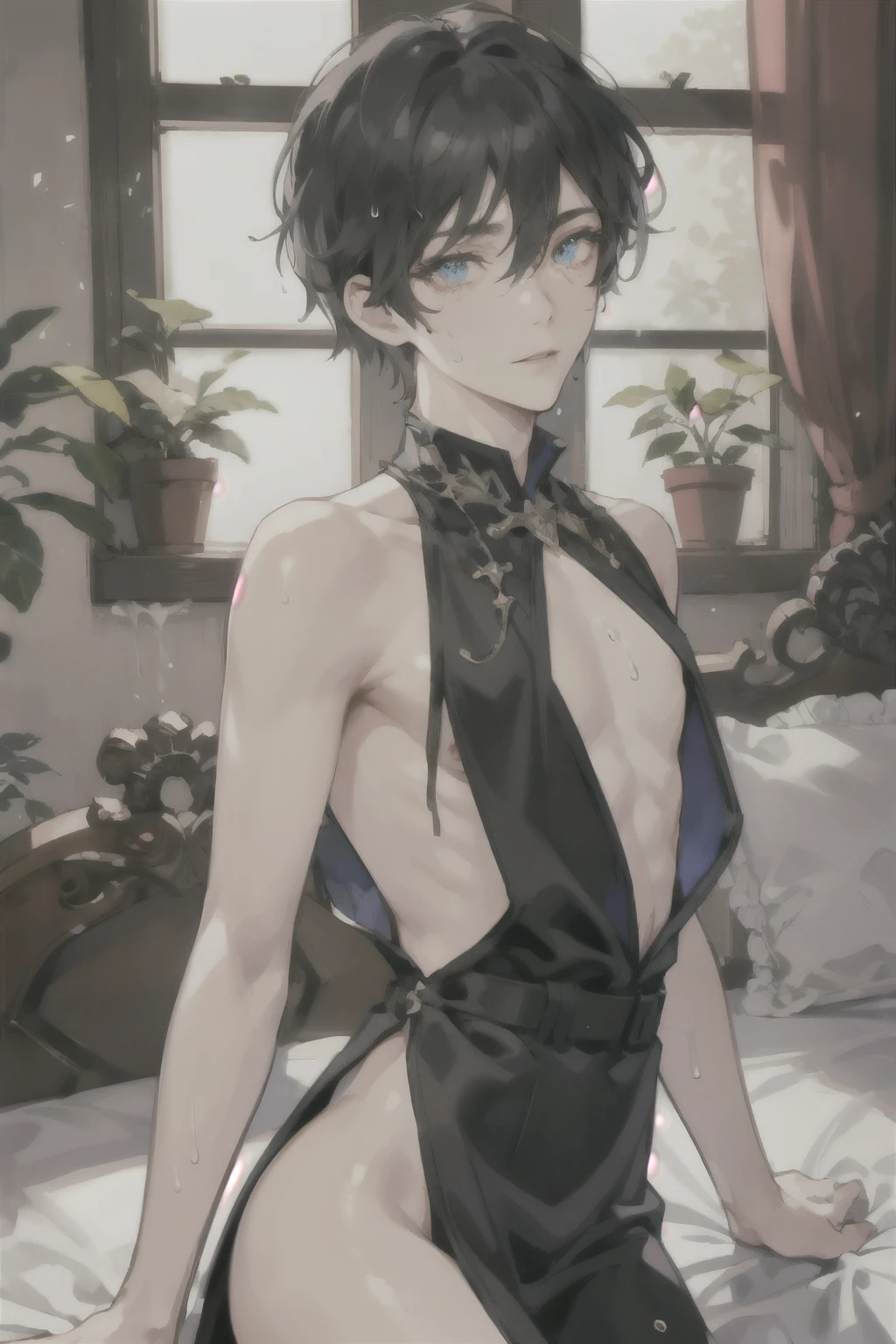 masterpiece, best quality, ultra detailed, (solo man), (male focus), ((Oblong face)), ((Square jawline)), black hair, ((hairs between eyes)), ((shoulder length)), ((narrow blue eye)), fair skin, skinny body, beauty mark, snfw, {uniform, outfit, clothes}, black evening dress, on bed, wet skin, (completely nude:1.2), (Giving an insincere smile:0.7), (anal), sexy pose, cum