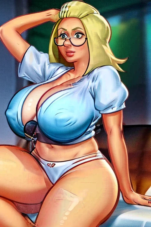 work of art, best qualityer,top cut,shorts jeans curtos, thicc thighs,(hair blonde:1.3),(bianca:1.5),red glasses,gigantic breastss,shorth hair,beachfront,from low,below the chest
