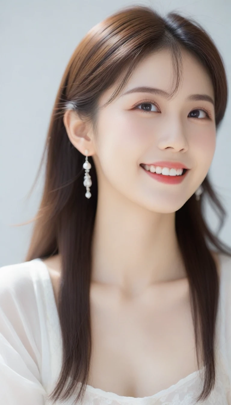 8K, Ultra-high resolution, Highest quality, masterpiece, Rule of thirds photography,Surreal, photograph, 女の子1 person, (16 years old:1.3), pretty girl, Cute face, Beautiful eyes in every detail, 細かくdetailedに,masterpiece,, One Girl:1.2, 日本のwomanアナウンサー,Highest quality, 非常にdetailed, masterpiece, 1 person,woman,(((完璧なwomanの体))),Very beautiful face, Very beautiful body,Gentle expression, Very beautiful eyes,(Perfect Makeup:1.1),Fashion Model,Curly Hair,Shaggy Hair,Candy colored hair:1.3, Very thin body,Smart Abs, Chiffon blouse,A kind smile,Upper body portrait,(White Background), (Shiny skin),(Earrings),,Looking at the audience、beauty,Long neck、Laugh a little、Please close your mouth and laugh、(((Ideal body type))),A cup small breasts :2,whole body、Perfect ???????、鮮明なdetailed、detailed、Surreal、Light and shadow,Strong light