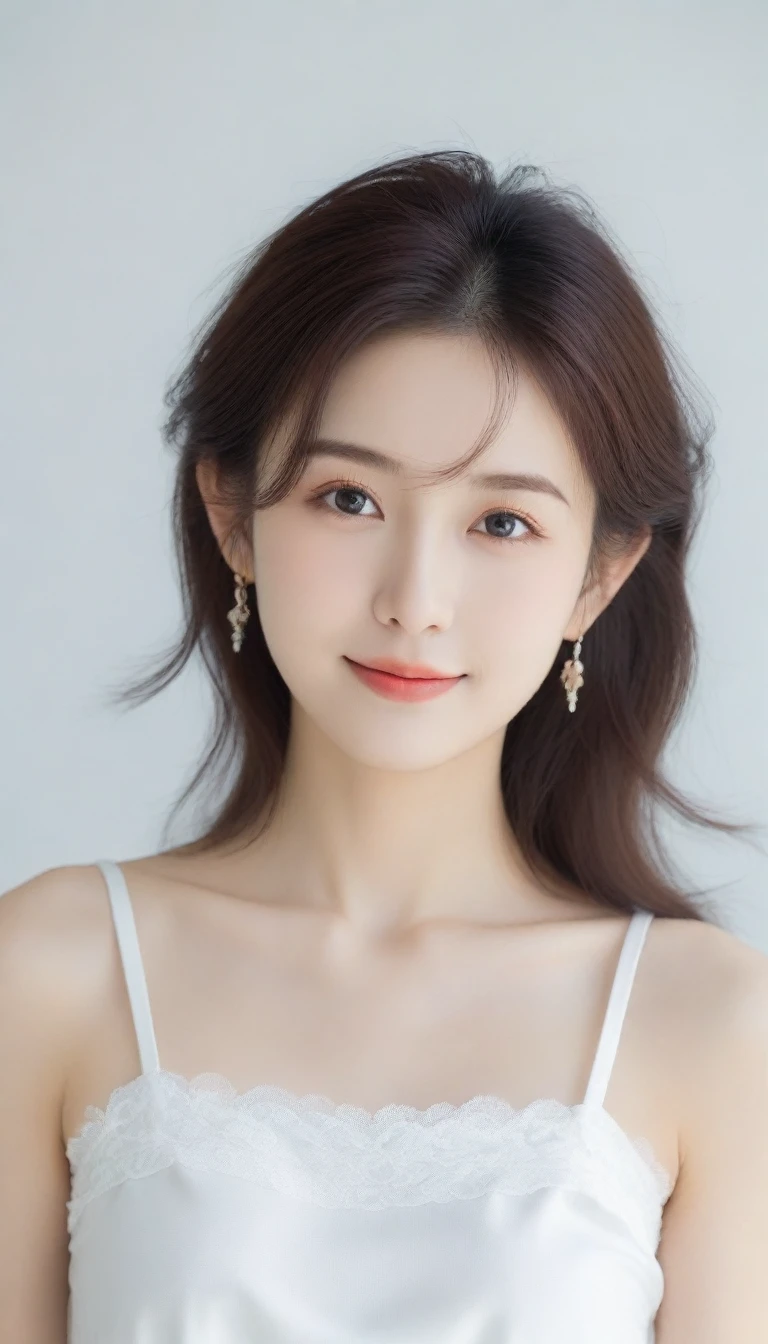 8K, Ultra-high resolution, Highest quality, masterpiece, Rule of thirds photography,Surreal, photograph, 女の子1 person, (:1.3), pretty girl, Cute face, Beautiful eyes in every detail, 細かくdetailedに,masterpiece,, One Girl:1.2, 日本のwomanアナウンサー,Highest quality, 非常にdetailed, masterpiece, 1 person,woman,(((完璧なwomanの体))),Very beautiful face, Very beautiful body,Gentle expression, Very beautiful eyes,(Perfect Makeup:1.1),Fashion Model,Curly Hair,Shaggy Hair,Candy colored hair:1.3, Very thin body,Smart Abs, Chiffon blouse,A kind smile,Upper body portrait,(White Background), (Shiny skin),(Earrings),,Looking at the audience、beauty,Long neck、Laugh a little、Please close your mouth and laugh、(((Ideal body type))),A cup small breasts :2,whole body、Perfect Anatomy、鮮明なdetailed、detailed、Surreal、Light and shadow,Strong light