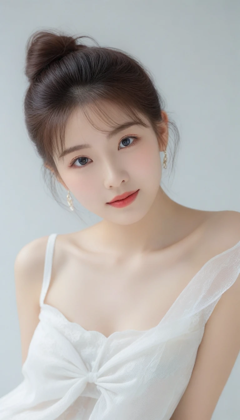 8K, Ultra-high resolution, Highest quality, masterpiece, Rule of thirds photography,Surreal, photograph, 女の子1 person, (16 years old:1.3), pretty girl, Cute face, Beautiful eyes in every detail, 細かくdetailedに,masterpiece,, One Girl:1.2, 日本のwomanアナウンサー,Highest quality, 非常にdetailed, masterpiece, 1 person,woman,(((完璧なwomanの体))),Very beautiful face, Very beautiful body,Gentle expression, Very beautiful eyes,(Perfect Makeup:1.1),Fashion Model,Curly Hair,Shaggy Hair,Candy colored hair:1.3, Very thin body,Smart Abs, Chiffon blouse,A kind smile,Upper body portrait,(White Background), (Shiny skin),(Earrings),,Looking at the audience、beauty,Long neck、Laugh a little、Please close your mouth and laugh、(((Ideal body type))),A cup small breasts :2,whole body、Perfect Anatomy、鮮明なdetailed、detailed、Surreal、Light and shadow,Strong light