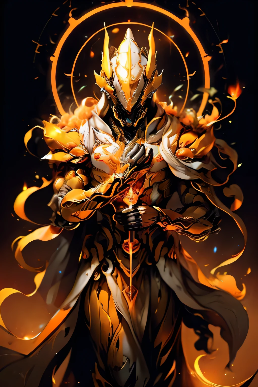 Beautifully detailed images,Depicts a magic sword, Radiate magical energy. Blade, Shiny and soft, Orange light, Bends and twists when reaching from one hand to the other, Create a mesmerizing, Light orange flames swirling ethereal trails. The surrounding rooms are bathed in orange light, Deep orange light, Casts a faint glow on an object. Macro lens, Prime Time, Soft lighting