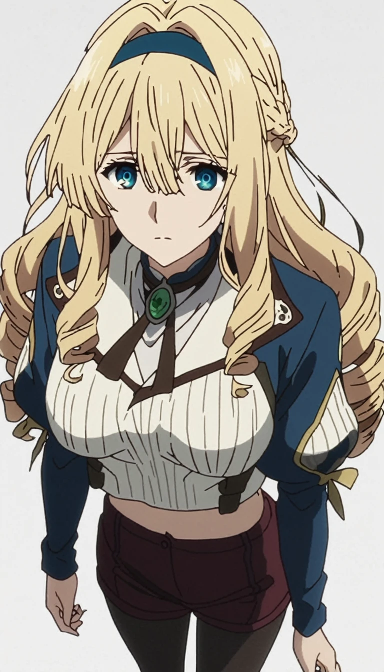 masterpiece, best quality, screencap, Violet Evergarden, 1girl, solo, blonde hair, long hair, curly hair, drill hair, blue hairband, slave collar, gray crop top, arm belta, shorts, black pantyhose, adult, large breasts, white background, empty look, looking at viewer