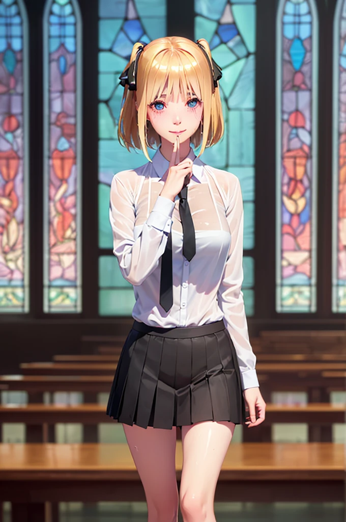 8K, Highest quality, The true picture, Intricate details, Very detailed, Ultra-high resolution, Depth Field,(Realistic,Realistic:1.2),Tabletop , ((Full Body Shot)) , ((length, Thin legs)), 1 Girl, eye_Chan, Very beautiful 17 year old girl, innocent big eyes,、Beautiful breasts:1.5、Very detailedなeye:1.2)、(Beautiful breasts:1.1)、((blonde))、(length Bob Hair), Asymmetrical bangs,short hair, Twin tails、, Perfect Skin, Fair skin, Small breasts, Tight waist, alone, Gazing at the audience,、((School_uniform), (shirt、Wear a tie), (Checkered Pleated Micro Mini Skirt),, ((A happy smile)), ((Perfect hand shape))