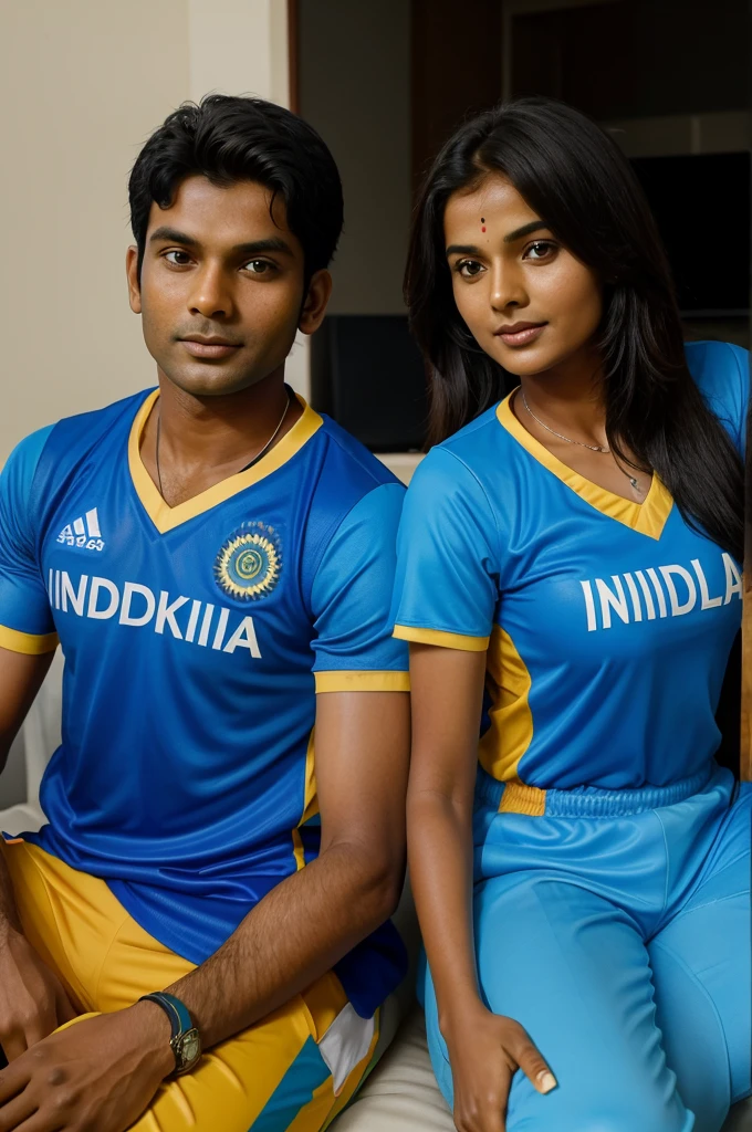 couple sitting in his room watching india vs south africa cricket match on tv, the boy is wearing a blue india jersey and Anand name and number 22 ,the girl is wearing a blue india jersey and Mikita name and number 17 writting on it in 3d illusion