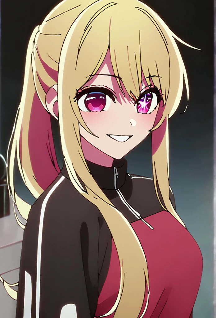 Blonde、Highest quality、high resolution、8K,Highest quality、Star-shaped pupil、The best smile、long hair、Pink Eyes、ponytail、Cowboy Shot、One person、シースルートップス