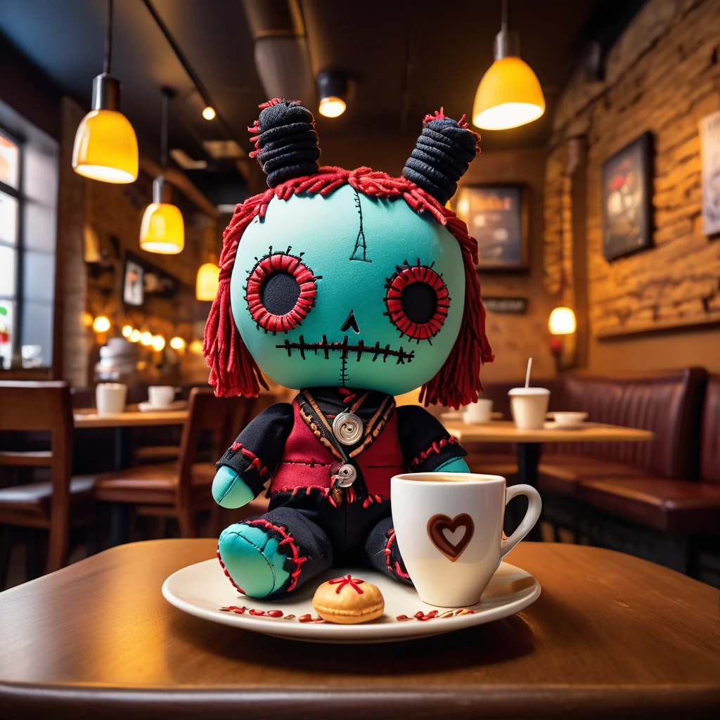 (knitted toy voodoo doll:1.5), (Voodoo Doll in a Café:1.3), (Clothing: casual attire with coffee bean patterns:1.0), (Accessories: enchanted coffee cup emitting a warm glow, floating pastries:1.1), (background: cozy café with wooden tables, warm lighting, and a bustling atmosphere:1.2), best quality, masterpiece, detailed soft oil painting, detailed background, dramatic cinematic lighting, soft edge lighting, professional, dramatic lighting, hard edge lighting, ultra quality, 4k, masterpiece, best quality, 8k, ultra high definition, high resolution, extremely detailed