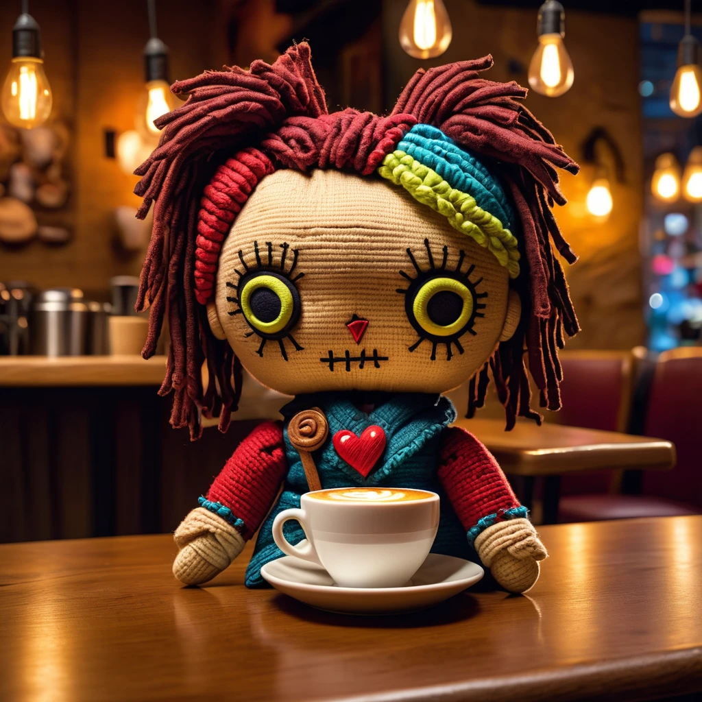 (knitted toy voodoo doll:1.5), (Voodoo in Coffee Line:1.3), (Clothing: casual attire:1.0), (Accessories: enchanted coffee cup emitting sparks of wakefulness magic, levitating spectral pastries:1.1), (background: coffee shop with floating tables, glowing menu boards, and spectral baristas:1.2), best quality, masterpiece, detailed soft oil painting, detailed background, dramatic cinematic lighting, soft edge lighting, professional, dramatic lighting, hard edge lighting, ultra quality, 4k, masterpiece, best quality, 8k, ultra high definition, high resolution, extremely detailed