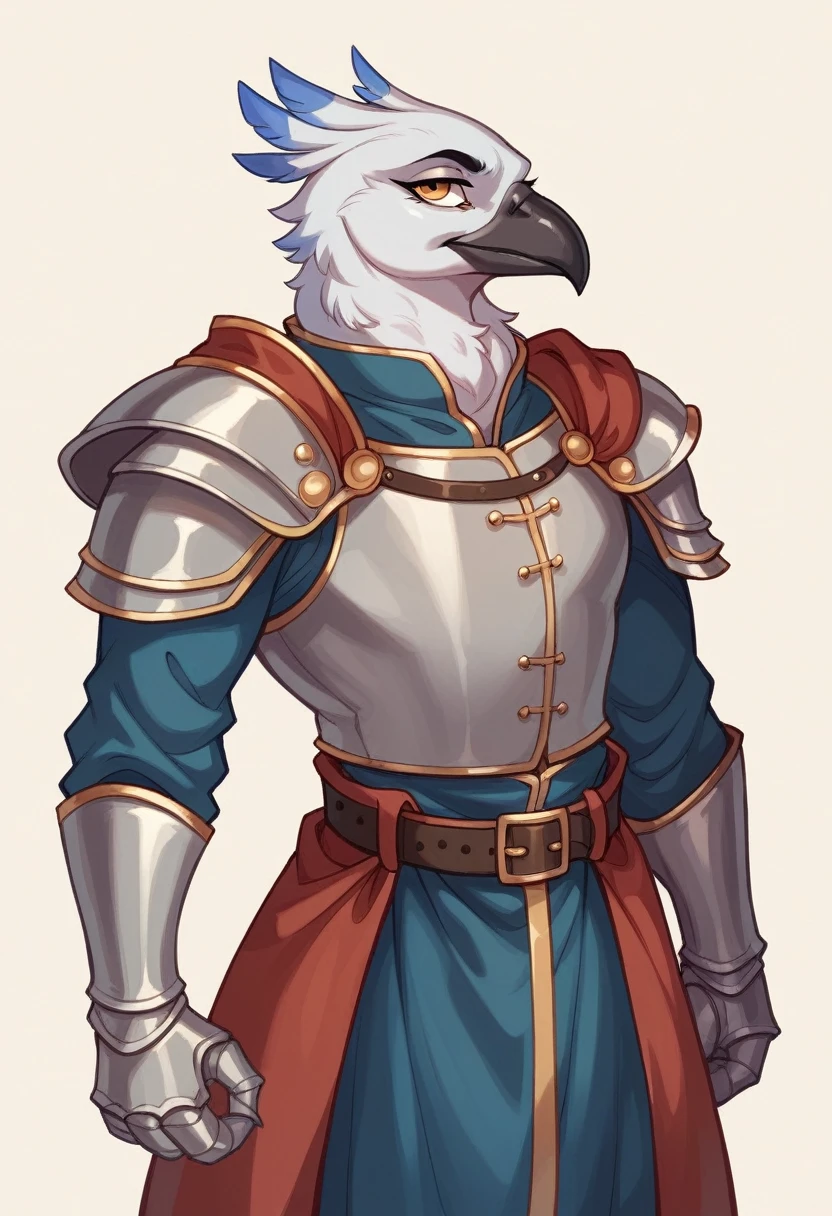 The character is an anthropomorphic owl, standing about 1.7 to 1.8 meters tall with a slender yet muscular build. She has a round head with large, expressive amber or golden eyes, prominent ear tufts, a curved ivory-colored beak, and thick, soft feathers in white or light gray. Her attire includes a fitted leather jerkin with steel plates, a finely woven tunic in rich colors like crimson or royal blue, and polished steel shoulder armor with ornate engravings. The lower body is clad in tailored breeches and reinforced boots, and a wide leather belt holds a finely crafted scabbard with a sleek rapier. Accessories include protective gauntlets and a dark cloak, combining the owl’s regal features with the sophisticated attire of a medieval fantasy warrior.