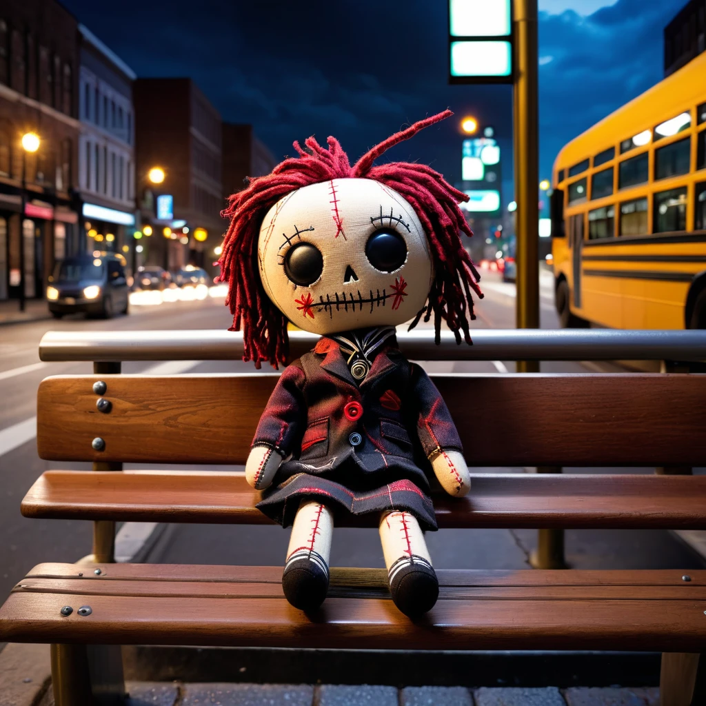 (knitted toy voodoo doll:1.5), (Voodoo Doll at a Bus Stop:1.3), (Clothing: everyday attire with urban patterns:1.0), (Accessories: enchanted bus pass emitting a soft glow, floating schedules:1.1), (background: city bus stop with benches, streetlights, and passing traffic:1.2), best quality, masterpiece, detailed soft oil painting, detailed background, dramatic cinematic lighting, soft edge lighting, professional, dramatic lighting, hard edge lighting, ultra quality, 4k, masterpiece, best quality, 8k, ultra high definition, high resolution, extremely detailed