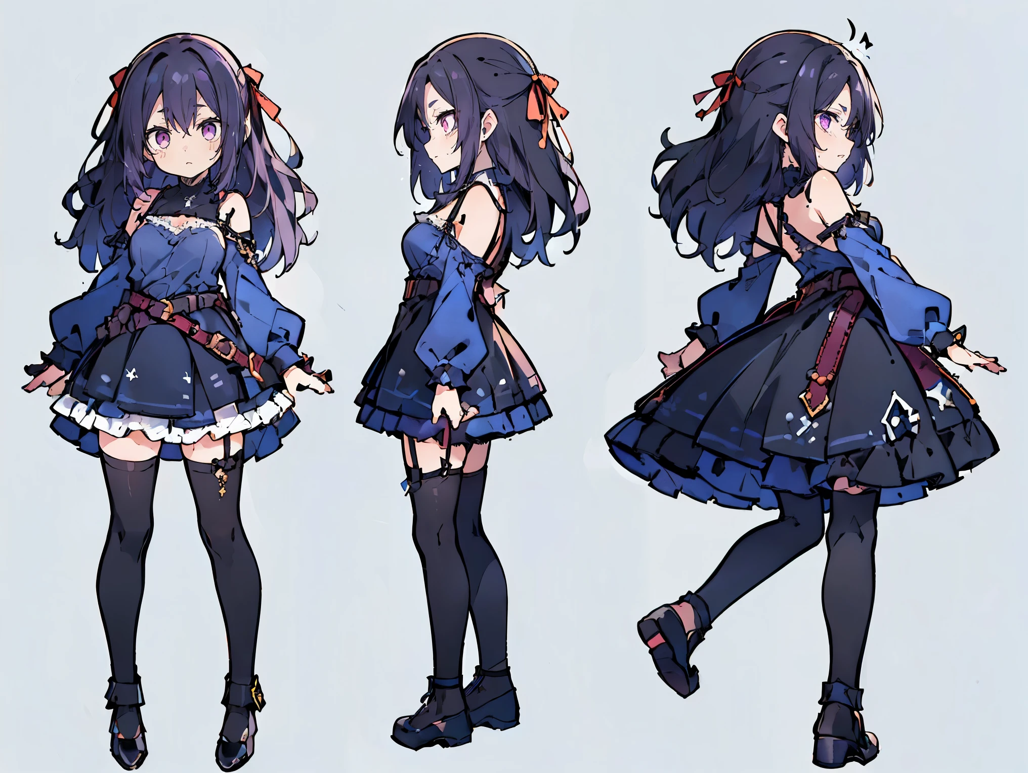 (((three-sided view, front view, side view, back view, multiple views, multiple poses and expressions, many parts)), concept art, character concept art, character sheet, Full body, illustration, (simple background, gray background), 1 character, 1girl, fantasy art:1.1), (reo mikage:0.7), blue lock, girls with((purple hair, bangs, (one side up, long wavy hair, ribbon:1.55), perfect hands, perfect fingers, (exposed breasts, tits cleavage, breasts close up:1.2), dress((suspenders, dress, blue camisole dress, belts, blue clothes, frills shirt, black underwear and silver choker, khaki hoodies jacket, long sleeves, straps, handcuffs, chain, ribbon:1.2)), white legwear, thighhighs, single thighhighs, single legwear, black footwear, strap shoes:1.42))