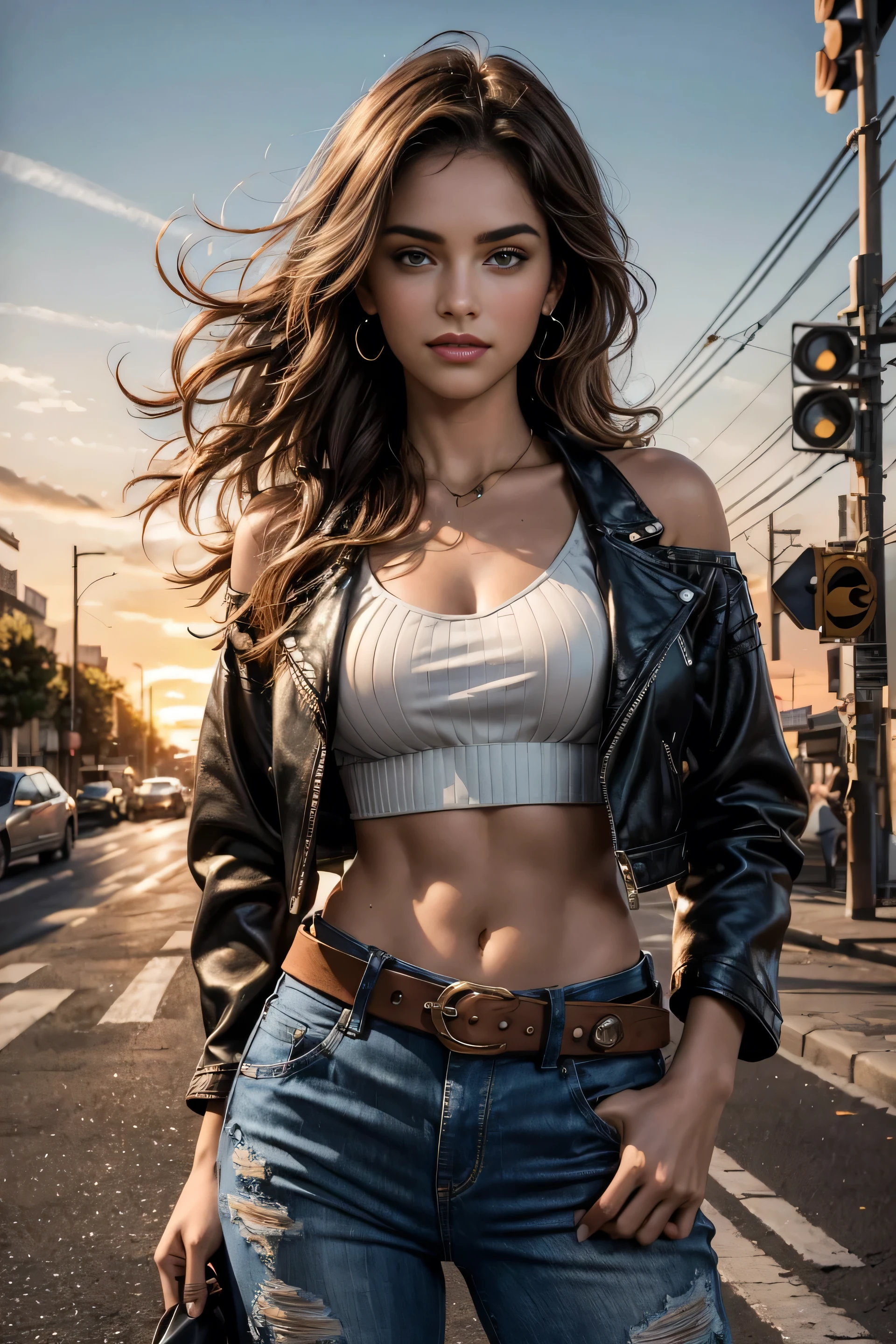Foreground: a gorgeous young 16 years old girl n wavy hair in the wind. she's a men magazine model, She has a subtle smile and flirts with the camera, (she wears crop denim moto jacket, casual ribbed white tanktop and leather cargopants with big belt:1.2), background posing in Paris, red light district Paris, green trees, beautiful flowers, ((sunset:1.3)), (perfect brown eyes:1.21), perfect hands, perfect body, perfect hair, perfect breast, hair behind ear, happy attitude, UHD, retina, masterpiece, accurate, anatomically correct, textured skin, super detail, high details, high quality, award winning, best quality, highres, 16k, 8k,