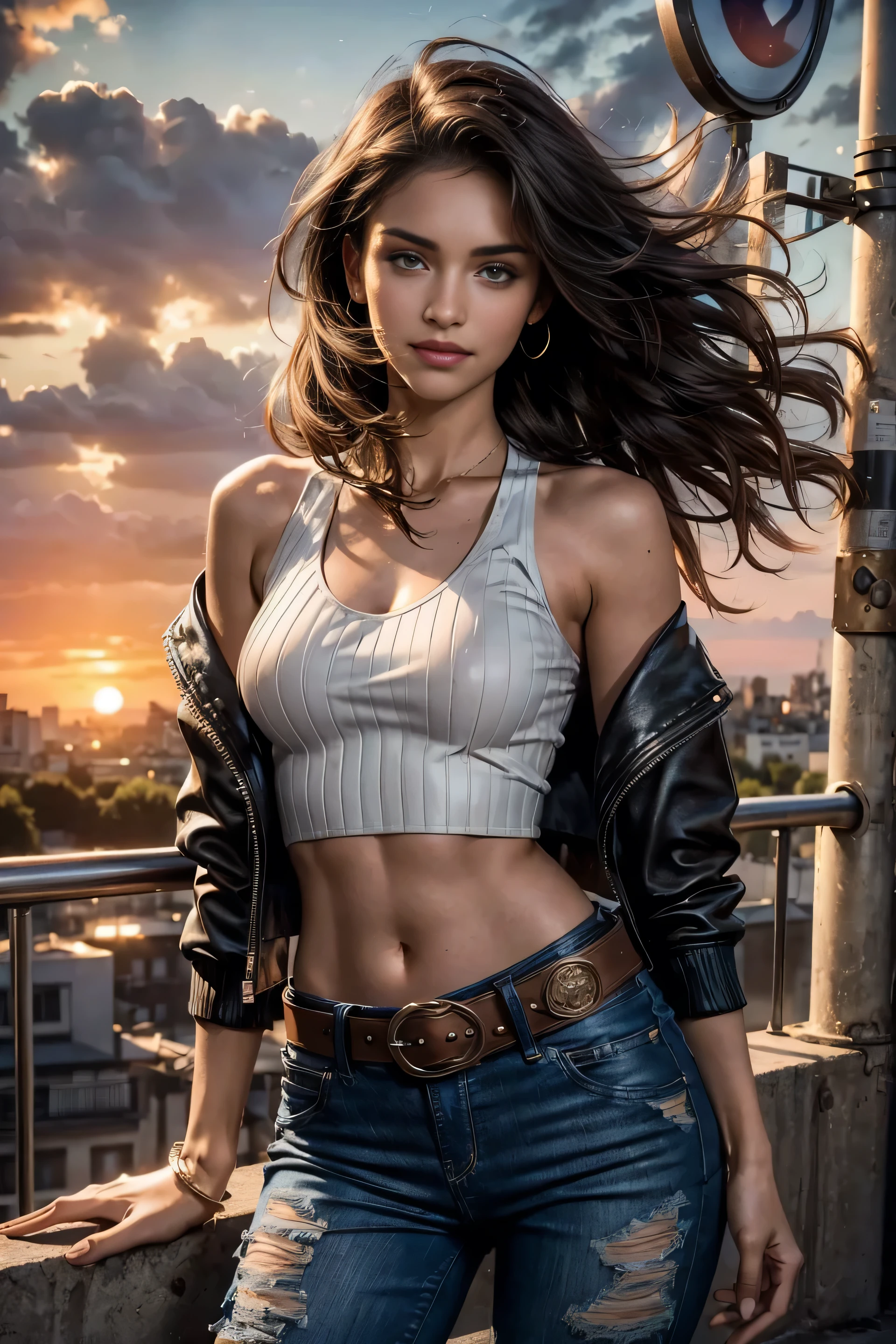 Foreground: a gorgeous young girl n wavy hair in the wind. she's a men magazine model, She has a subtle smile and flirts with the camera, (she wears crop denim moto jacket, casual ribbed white tanktop and leather cargopants with big belt:1.2), background posing in Paris, red light district Paris, green trees, beautiful flowers, ((sunset:1.3)), (perfect brown eyes:1.21), perfect hands, perfect body, perfect hair, perfect breast, hair behind ear, happy attitude, UHD, retina, masterpiece, accurate, anatomically correct, textured skin, super detail, high details, high quality, award winning, best quality, highres, 16k, 8k,