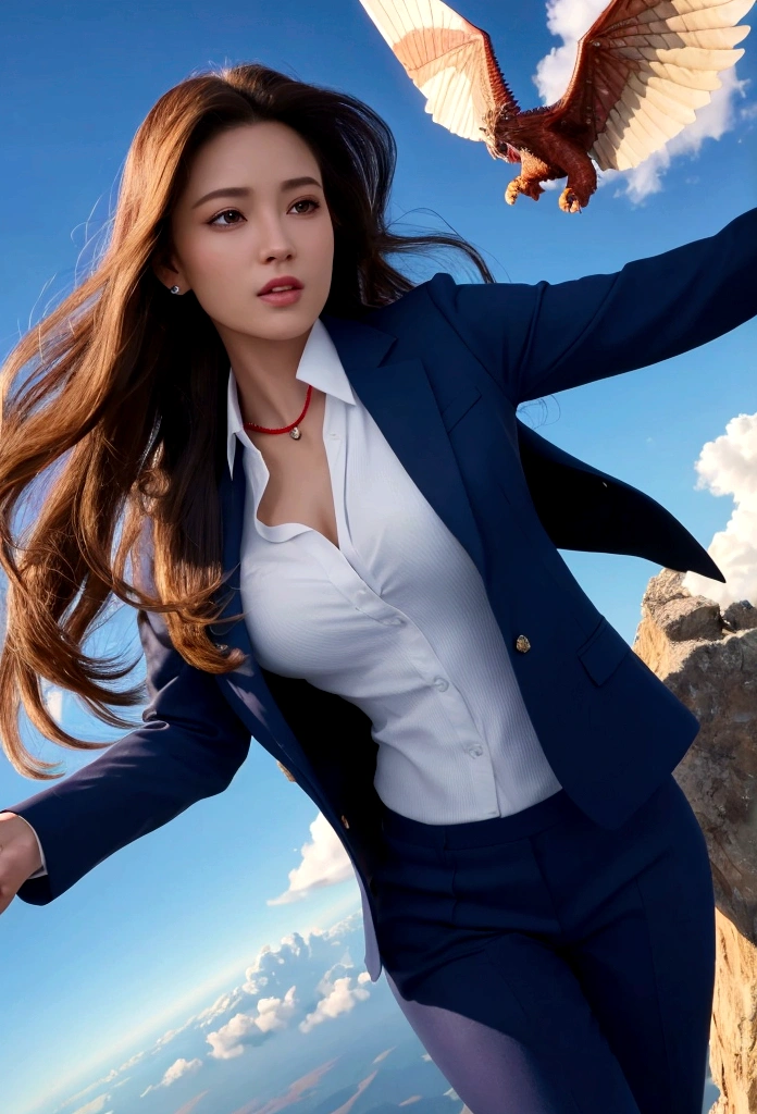Ultra-realistic full-body beautiful woman, masterpiece. Beautiful cinematic, realistic character. Ultra-detailed and intricate 3D rendering, vibrant details. High-speed freefall from 10,000 meters, beautiful woman with long hair, navy blue business suit, body in a spread-eagle position, wind pressure, blue sky. A red dragon flying parallel to her, a halo of light surrounding the woman, countless orbs of light.
