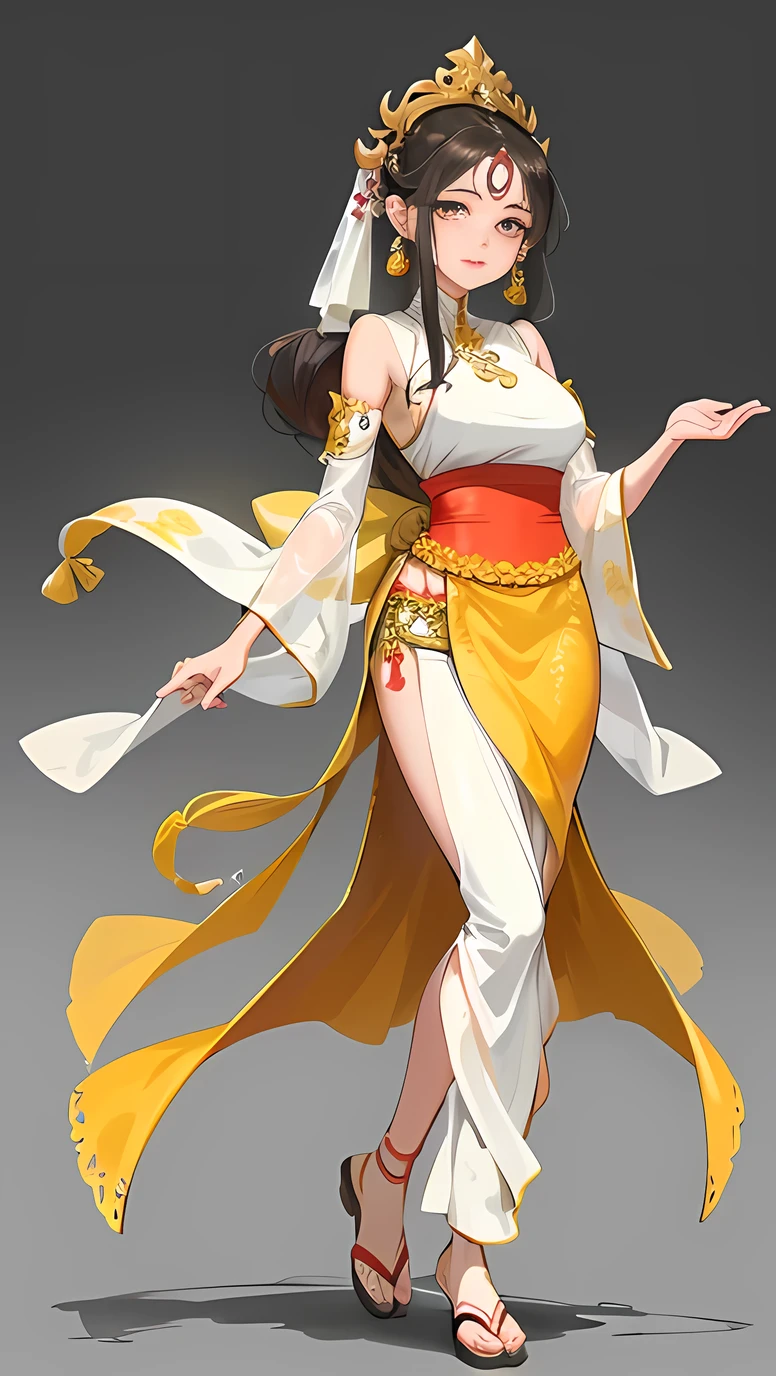 Masterpiece, Best quality, 1 young girl with a yellow sari and gold jewelry, sukhothai costume, in style of thawan duchanee, south east asian with long, sarong, traditional, wearing a sari, wearing sari, dressed in a sari, sari, nivanh chanthara, Thai dress, traditional dress, in style of lam manh, wear trouser, traditional clothes, hafl body, Thai style, the expression is cold, anime, illustration, black or white background, simple background