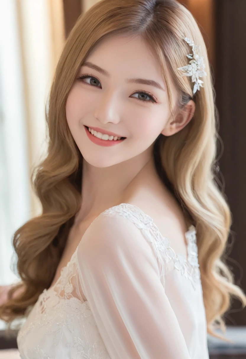 ((Maria、18-year-old))、((European women))、1 person、(Thin contours:1.3)、(Grey Eyes:2.0)、(Realistic bust size 90cm:1.3)、(Narrow waist)、(White and translucent skin)、(Natural light blonde medium long hair:1.3)8-head-tall model style、Long dress、Waist-down angle、smile、Hotel Rooms