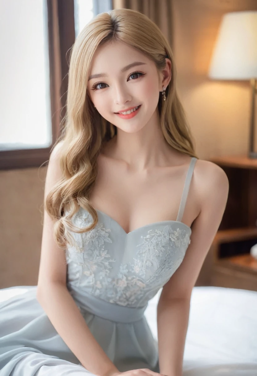 beautiful adult young woman、Beautiful loosely wavy brown hair、medium hair、Festor with many small white and pink roses on its head,,、small face、compensate、smiling、glossy lips、very large breasts with good shape、big breasts、beautiful breasts、rich cleavage、Emphasis on chest、Attractive style、charm those around you、gorgeous light blue dress、skirt、Classy little earrings,has a veil, gauntlet, Floral ornament of roses of different colors on the skirt、sit surrounded by lots of roses、Near the window where the morning sun shines、luxury room