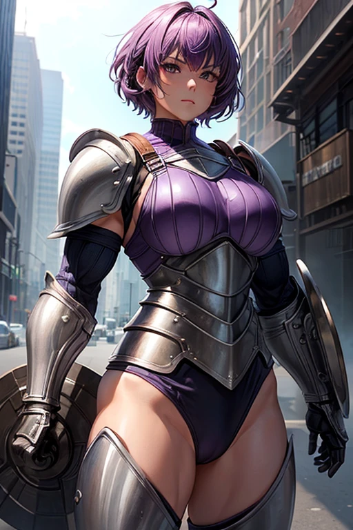 one female character, (musclegirl), ((short-hair)), purple hair, (medium breasts), (big-ass). very muscular, ((plate armor)), a gentleman, ((wearing armor that covers the entire body))