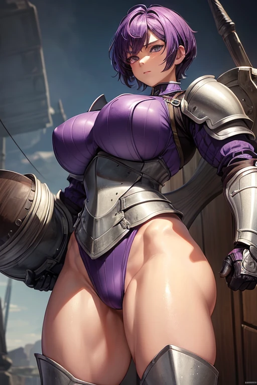 one female character, (musclegirl), ((short-hair)), purple hair, (medium breasts), (big-ass). very muscular, ((plate armor)), a gentleman, ((wearing armor that covers the entire body))