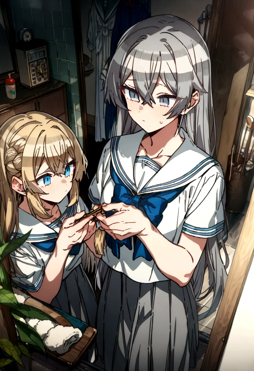 1girl, erere, absurdres, official art, absurdres, original, 2girls, bamboo broom, bathroom, blonde hair, blue eyes, bottle, bow, bowtie, braiding hair, broom, cable knit, cellphone, clock, closed mouth, clothes hanger, collarbone, digital clock, expressionless, flower, from behind, grey eyes, grey hair, grey skirt, hair between eyes, hair ornament, hairdressing, holding, indoors, interior, knitting, knitting needle, light, loaded interior, long hair, looking at mirror, looking down, mirror, multiple girls, needle, nervous, phone, plant, sailor collar, scarf, scenery, , serafuku, shelf, shirt, short hair, short sleeves, sink, sitting, skirt, smartphone, soap bottle, standing, sunlight, sweatdrop, tile wall, tiles, toothbrush in mouth, top-load washing machine, towel, uniform, vase, very long hair, washing machine, white sailor collar, white shirt, window, window shadow, ((very aesthetic, best quality, ultra detailed)), rating:safe,