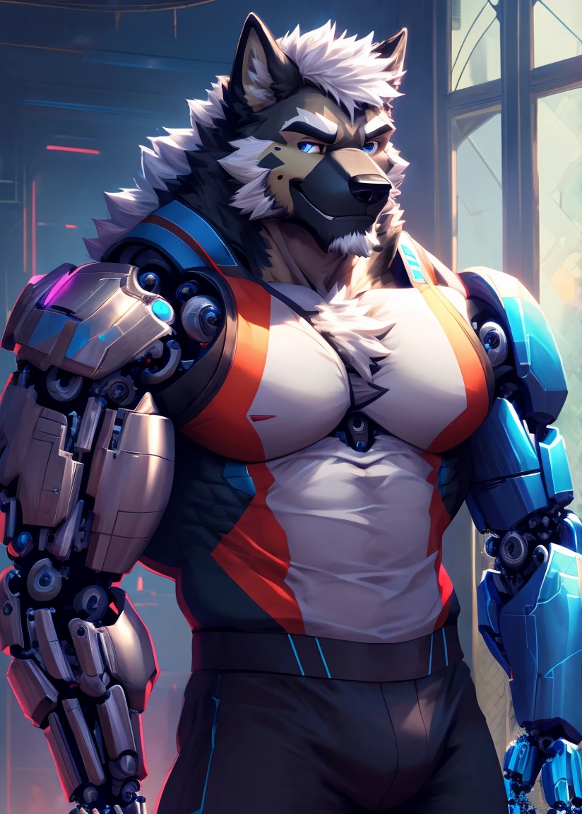 (masterpiece),(Very detailed),(best quality),hairy,Wolf,Gray fur,White hair,Blue pupil muscle,(()),(Chest 1:2),(((Convex))),Solitary,Standing in front of the window,(Expression smile:1.3),By the window,Leaning against the window,(((Mechanical arm:1.5))),(full-body shot),(Long Shot) ,8K,(high quality),(Ultra HD),German Shepherd,(Cyberpunk),Neon,pectoralis major,Strong muscles,Tights,Half of the body,Three-quarters of the face