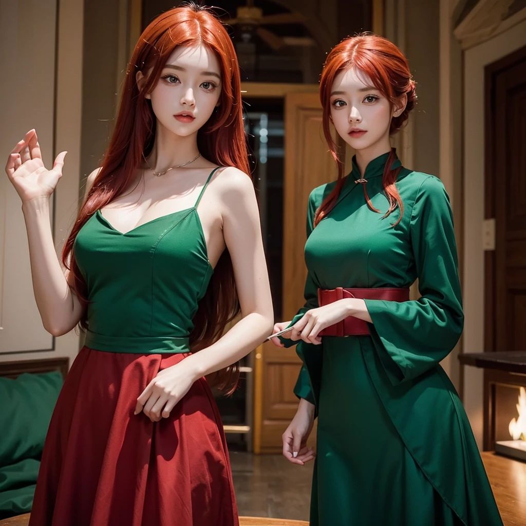 Girl with red hair and emerald green dress, with red magic in your hands