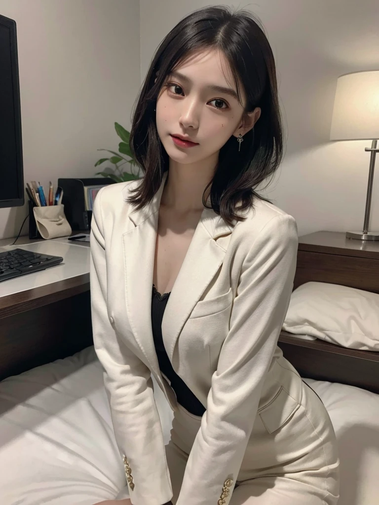 absurdres, RAW photo, extremely delicate and beautiful, masterpiece, Best Quality, ultra high resolution, 16k, hyperrealistic, ultra-detailed, perfect anatomy, super Detailed skin, perfect figure, Very detailed CG 8k wallpaper, in her 20s, very Slim body, narrow waist, very small head, very small face, delicate facial features, tearful mole, earring, thin legs, ((very huge round breasts)), full body shot, 1 girls, shorter middle hair, wavy hair, ((office lady suit)), blazer, wet, bed,