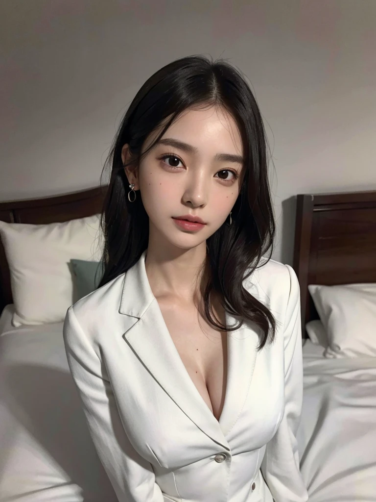 absurdres, RAW photo, extremely delicate and beautiful, masterpiece, Best Quality, ultra high resolution, 16k, hyperrealistic, ultra-detailed, perfect anatomy, super Detailed skin, perfect figure, Very detailed CG 8k wallpaper, in her 20s, very Slim body, narrow waist, very small head, very small face, delicate facial features, tearful mole, earring, thin legs, ((very huge round breasts)), full body shot, 1 girls, shorter middle hair, wavy hair, ((office lady suit)), blazer, wet, bed,