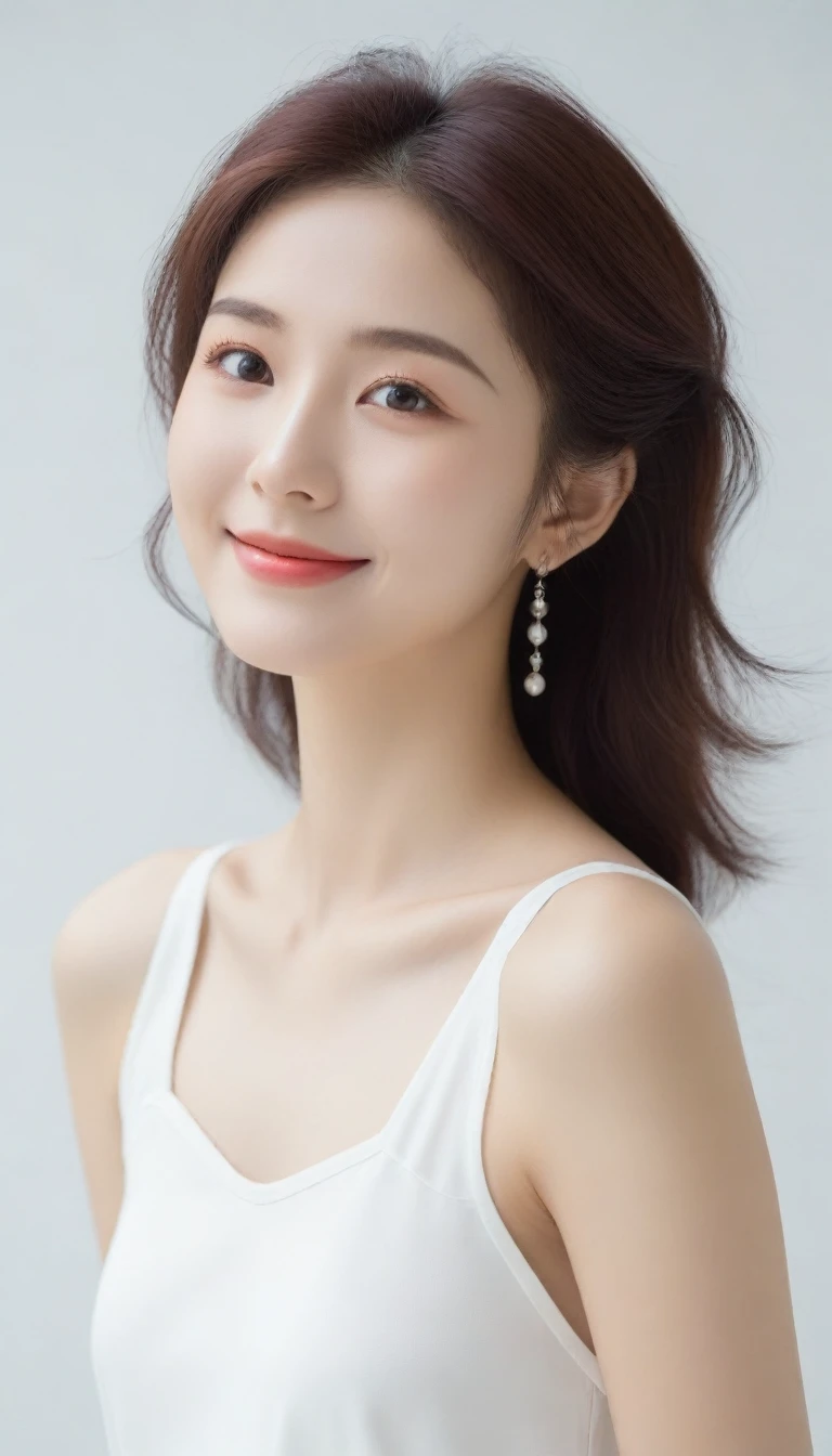 8K, Ultra-high resolution, Highest quality, masterpiece, Rule of thirds photography,Surreal, photograph, 女の子1 person, (16 years old:1.3), pretty girl, Cute face, Beautiful eyes in every detail, 細かくdetailedに,masterpiece,, One Girl:1.2, 日本のwomanアナウンサー,Highest quality, 非常にdetailed, masterpiece, 1 person,woman,(((完璧なwomanの体))),Very beautiful face, Very beautiful body,Gentle expression, Very beautiful eyes,(Perfect Makeup:1.1),Fashion Model,Curly Hair,Shaggy Hair,Candy colored hair:1.3, Very thin body,Smart Abs, Chiffon blouse,A kind smile,Upper body portrait,(White Background), (Shiny skin),(Earrings),,Looking at the audience、beauty,Long neck、Laugh a little、Please close your mouth and laugh、(((Ideal body type))),A cup small breasts :2,whole body、Perfect ???????、鮮明なdetailed、detailed、Surreal、Light and shadow,Strong light