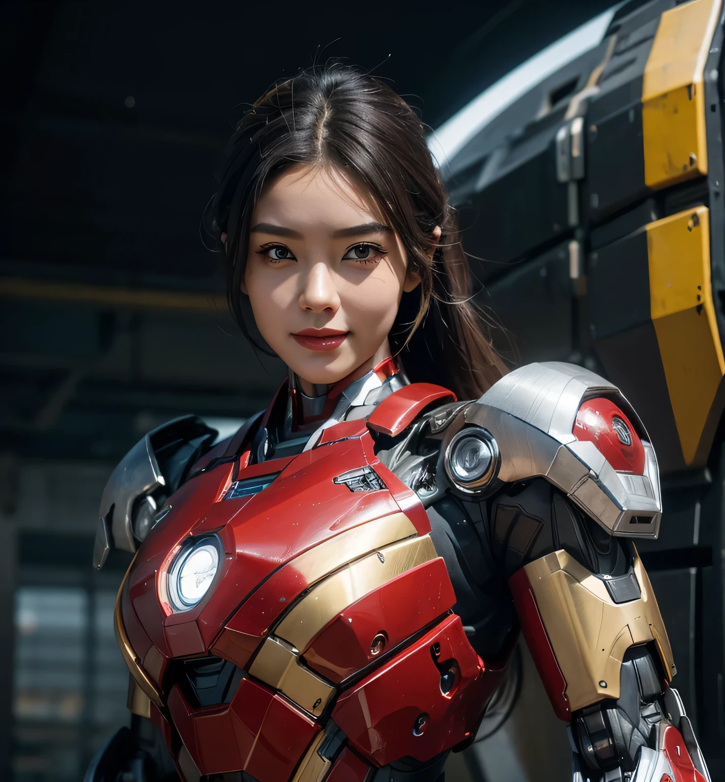 Textured skin, Super Detail, high details, High quality, Best Quality, hight resolution, 1080p, hard disk, Beautiful,(Iron Girl),Beautiful Smile,beautiful cyborg woman,Mecha Cyborg Girl,Battle Mode,Girl with a Mecha Body,She wears an Iron Man mech,A powerful cyborg woman, sleek and futuristic, with advanced mechanical augmentations that enhance her strength and capabilities