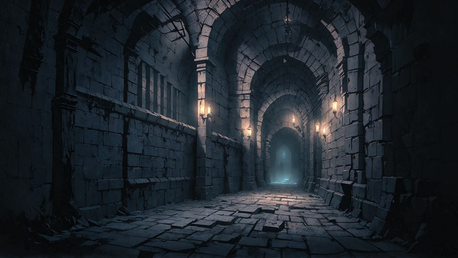 there is a dungeon hallway, passages have prison cells, photorealistic dark concept art, detailed textures and lighting, beautiful and cinematic lighting, detailed lighting and textures, old gothic crypt, unreal engine render concept art, dark cinematic lighting, moody cinematic lighting, detailed cinematic lighting, cinematic atmospheric lighting, dark fantasy environment, dungeon background, might cinematic lighting