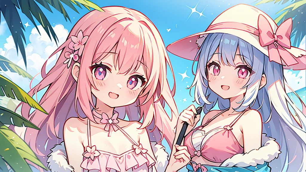 Two busty girls facing the camera, white hair and pink hair, purpleeyes, bathing towel, Photorealsitic, Towels, 浴室, Side seams, Wallpapers, NSFW,Squat down and open your legs