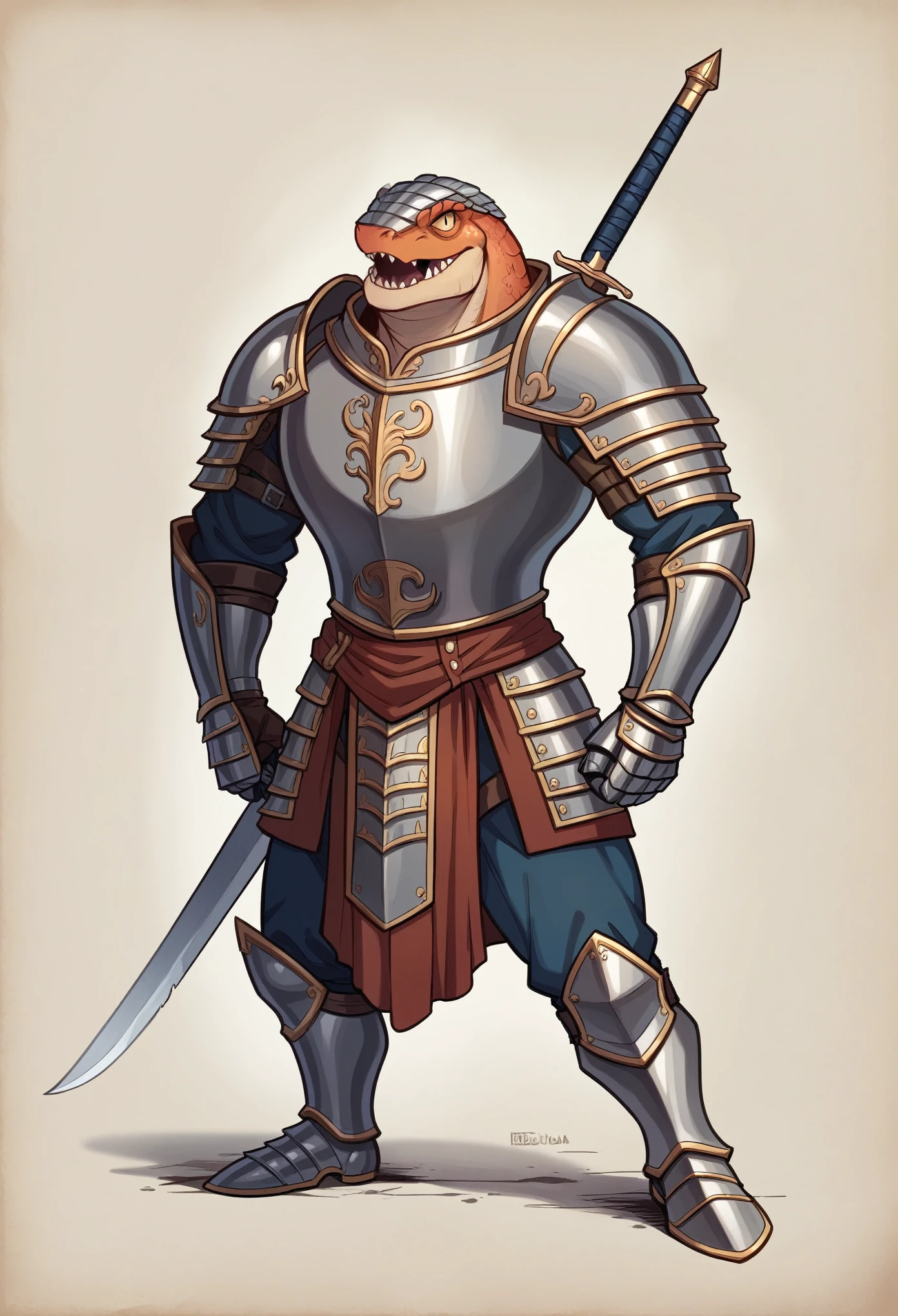The character is an anthropomorphic lizard standing around 2 meters tall with a muscular, robust build. Its head is reptilian and elongated with a pronounced snout, narrow slit-pupiled eyes, and a mouth filled with sharp teeth. The lizard's skin is covered in tough, scaly hide, ranging in color from deep green to dark brown. It wears imposing, full plate armor, intricately designed with engraved patterns and reinforced for maximum protection. The armor includes a large, ornate helmet that fits the elongated head, a breastplate, pauldrons, gauntlets, greaves, and sabatons, all crafted from polished steel. The lizard also carries a large, imposing sword or axe, strapped to its back or side, completing the formidable appearance of a medieval fantasy warrior.